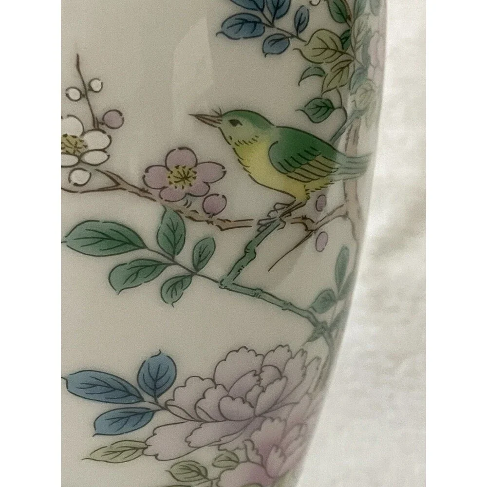 Enesco Vintage 1983 Japan Gold Trimmed Base 10” Green Pink Flowers Birds Blossom